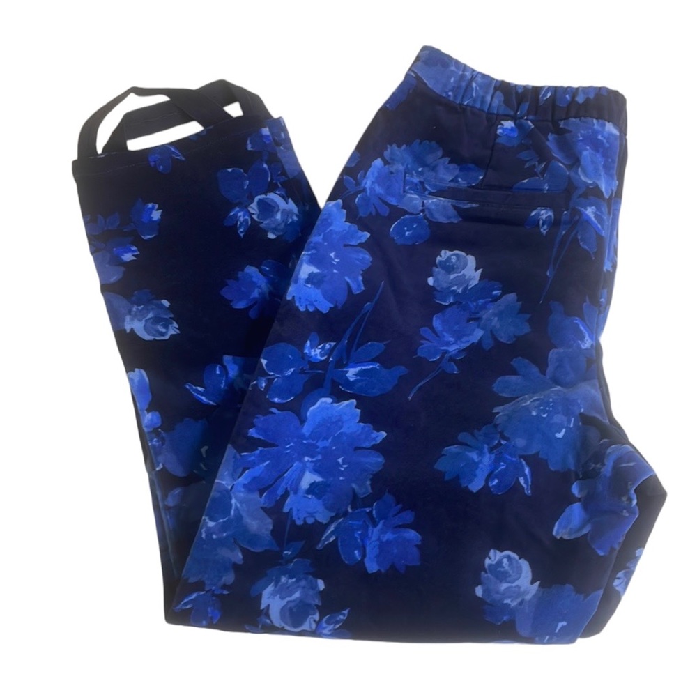 New Isaac Mizrahi Blue Floral Print Velvet Stirrup Pants Size 10P Adjustable